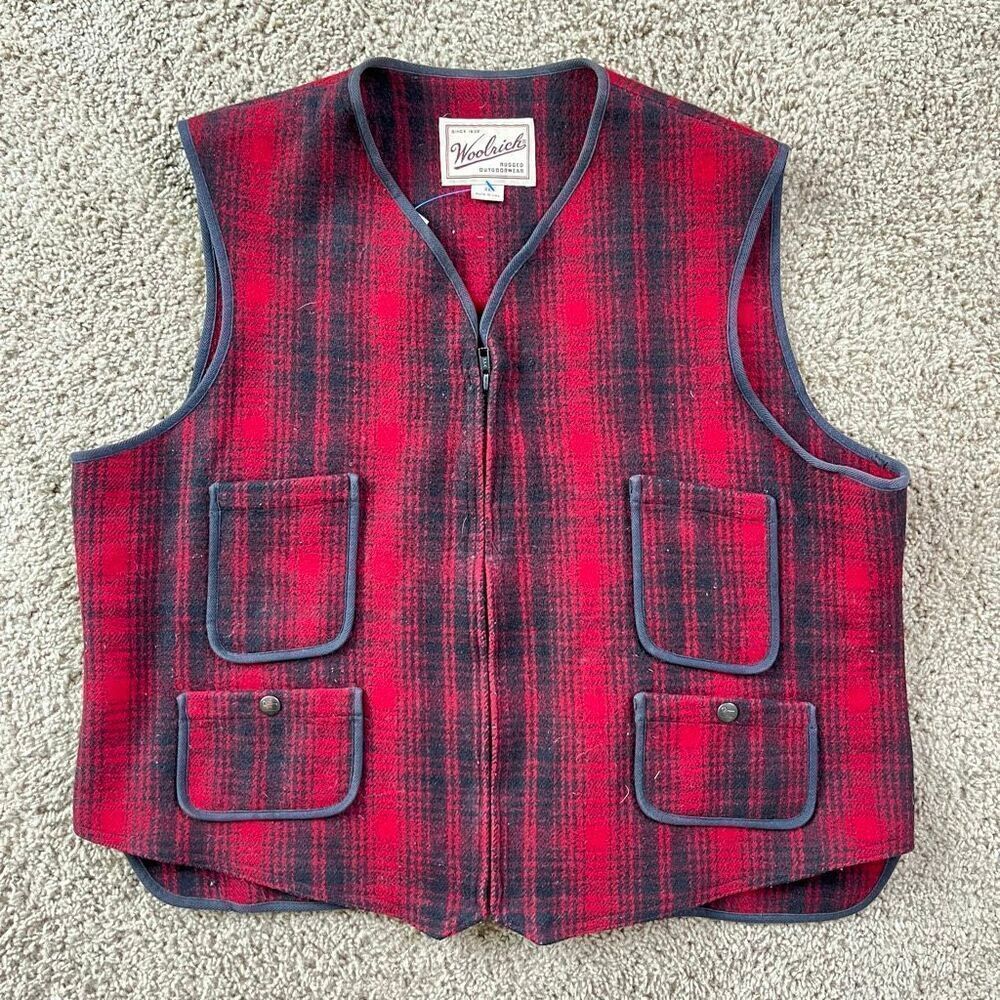 VTG Woolrich USA Red Buffalo Plaid Wool Hunting Vest XL 80s 90s